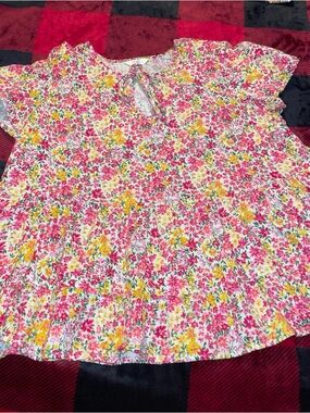 Terra & Sky Pink and Yellow Floral Tiered Short-Sleeve Blouse